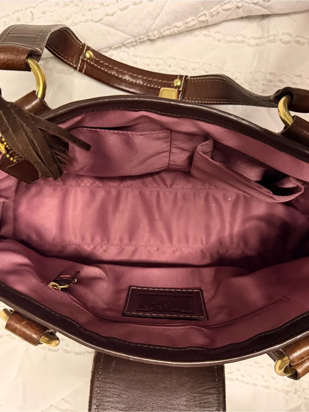 Brown leather vintage coach hampton bag with pink interior